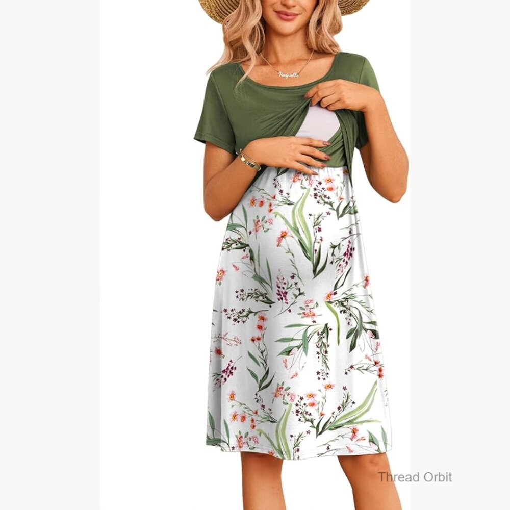 Maternity Nursing Dress Short Sleeve Patchwork Breastfeeding Knee Length